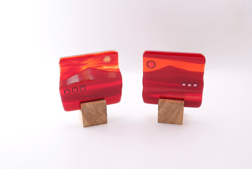 Blockscape Sculpture with Landscape Panel in Red Fused Glass by Harmonies in Wood SOLD