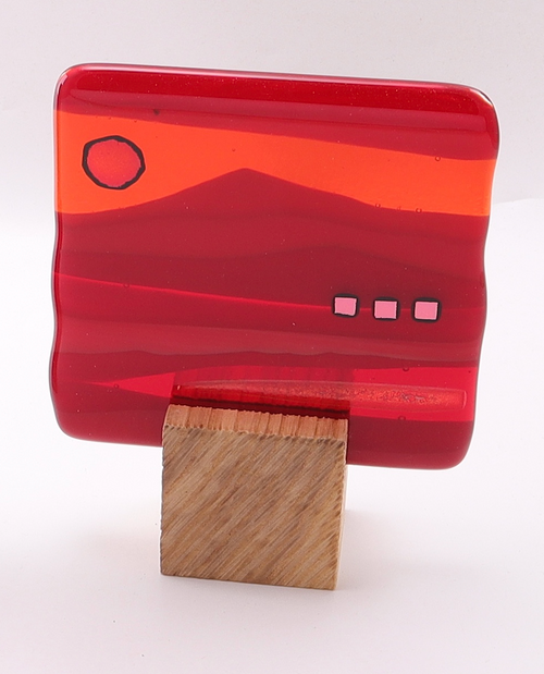 Blockscape Sculpture with Red Landscape Panel in Fused Glass by Harmonies in Wood