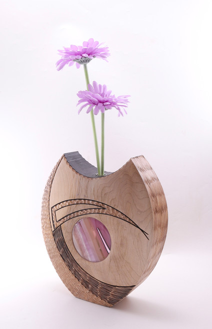 Sycamore Husk Vase with Pink Fused Glass Discs by Harmonies in Wood SOLD