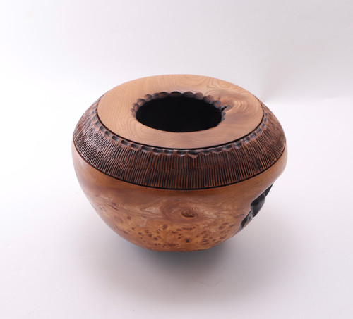 Burr Elm Pot with Smoked Carved Band Detailing and Edges by Harmonies in Wood