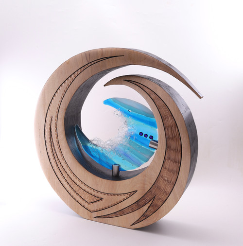 Sycamore Bora Sculpture with Blue Fused Glass Insert by Harmonies in Wood