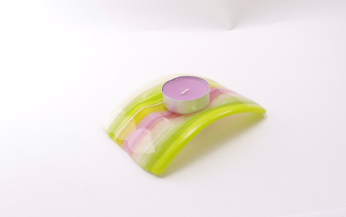 Fused Glass Single Candle Arc in Lime and Pink by Harmonies in Wood