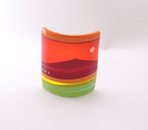 Fused Glass Mini Horizon Panel with Abstract in Lime and Red by Harmonies in Wood