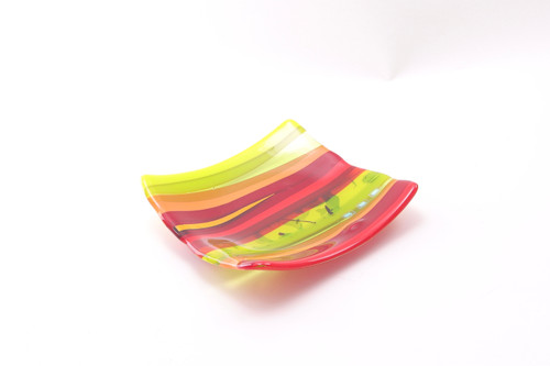 Fused Glass Medium Sushi Dish in Lime and Red by Harmonies in Wood