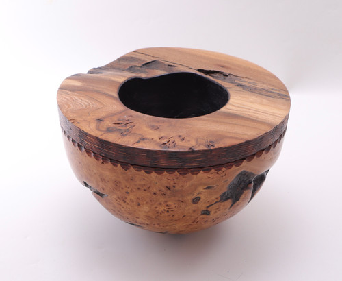 Burr Elm Pot with Smoked Carved Band Edges and Detailing by Harmonies in Wood