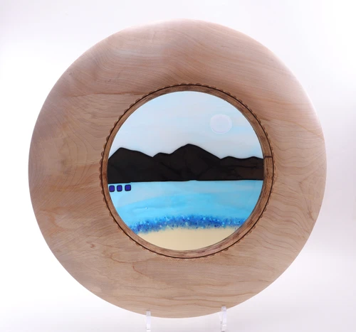 Splated Sycamore Medium Wide Rimmed Fused Glass Bowl with Blue Seascape by Harmonies in Wood