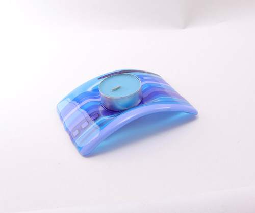 Fused Glass Single Candle Arc in Blue by Harmonies in Wood