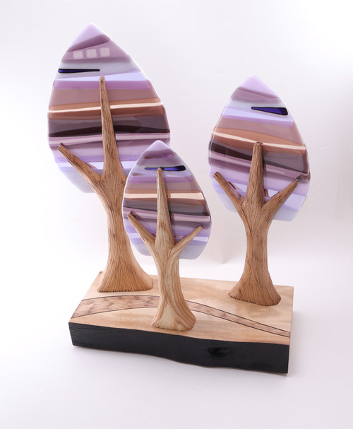 Ash Woodland Sculpture with Purple Fused Glass by Harmonies in Wood