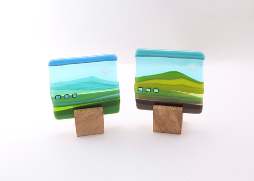 Blockscape Sculpture with Green Landscape Panel in Fused Glass by Harmonies in Wood SOLD