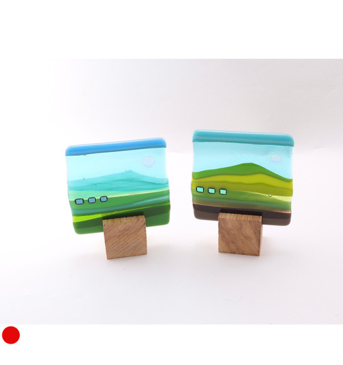 Blockscape Sculpture with Green Landscape Panel in Fused Glass by Harmonies in Wood SOLD