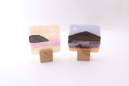 Blockscape Sculpture in Pink with Purple Seascape Panel in Fused Glass by Harmonies in Wood SOLD