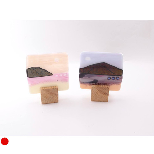 Blockscape Sculpture with Purple Seascape Panel in Fused Glass by Harmonies in Wood SOLD
