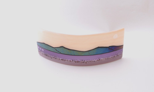 Fused Glass Small Horizon Panel of Abstract Seascape in Purple by Harmonies in Wood