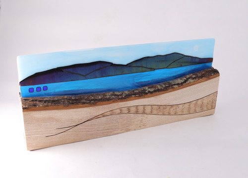 Fused Glass Panel of Arran Seascape Sliced into Natural Edged Ash by Harmonies in Wood