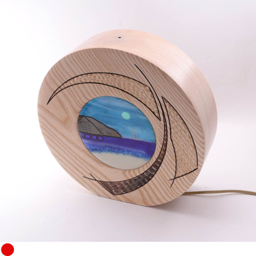 Ash Seascape Halo Light Sculpture with Blue Fused Glass Panels Back Lit with LED Light by Harmonies in Wood SOLD
