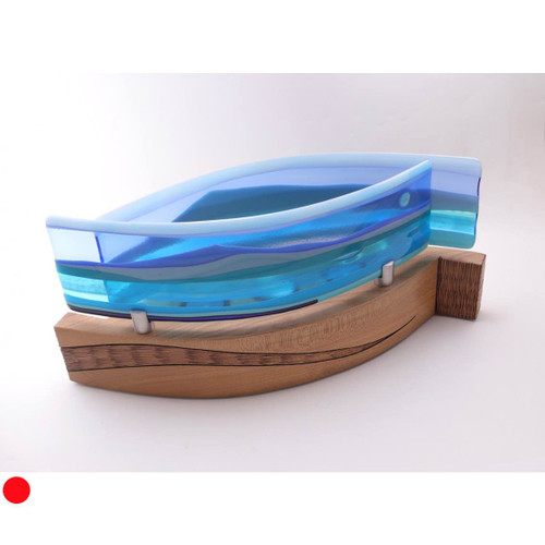 Fused Glass Journey Sculpture with Blue Panels in Elm Base by Harmonies in Wood SOLD