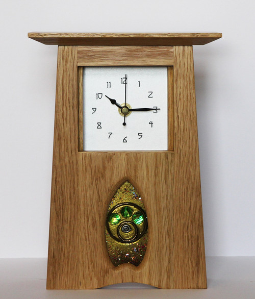 Oak Clock 297 by Archie McDonald with Glass Art Panel by Robert Ryan SOLD