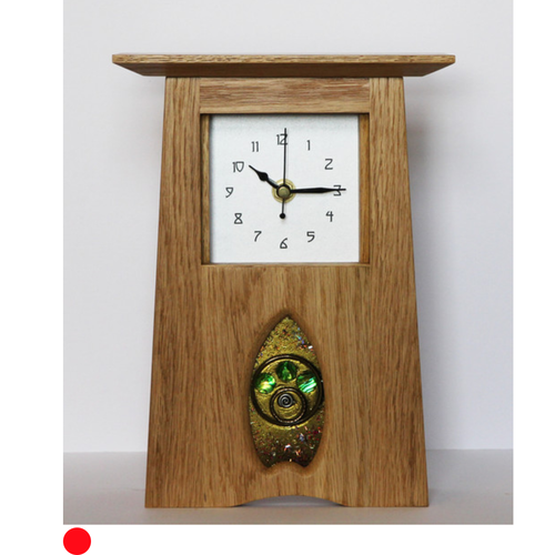 Oak Clock 297 by Archie McDonald with Glass Art Panel by Robert Ryan SOLD