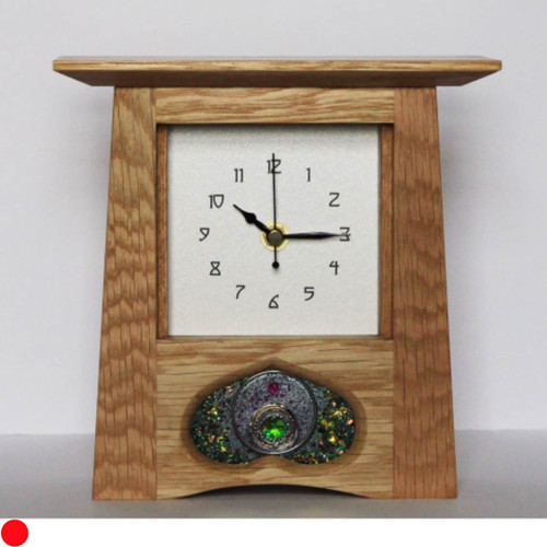 Oak Clock 323 by Archie McDonald with Glass Art Panel by Robert Ryan SOLD