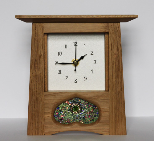 Oak Clock 336 by Archie McDonald with Glass Art Panel by Robert Ryan SOLD