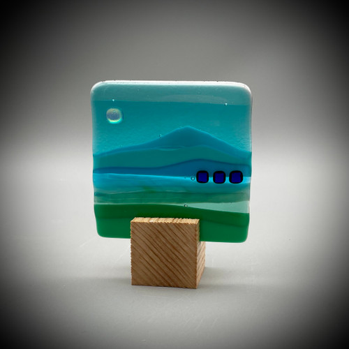 Blockscape Sculpture with Blue and Green Panel in Fused Glass by Harmonies in Wood