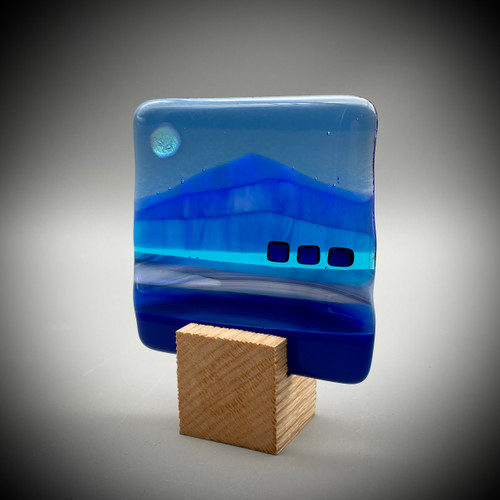 Blockscape Sculpture with Fused Glass Panel in Blues by Harmonies in Wood SOLD