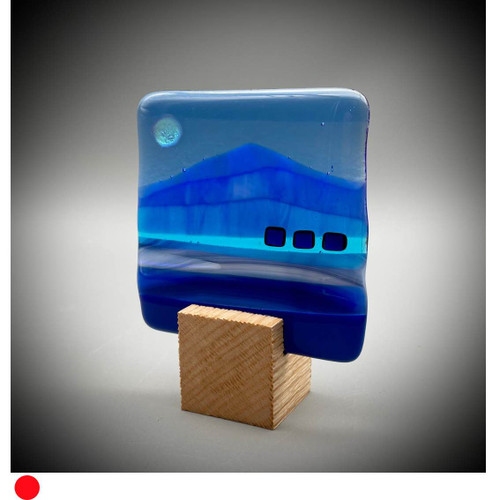 Blockscape Sculpture with Fused Glass Panel in Blues by Harmonies in Wood SOLD
