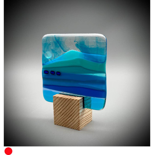 Blockscape Sculpture with Turquoise Blue Fused Glass Panel by Harmonies in Wood SOLD