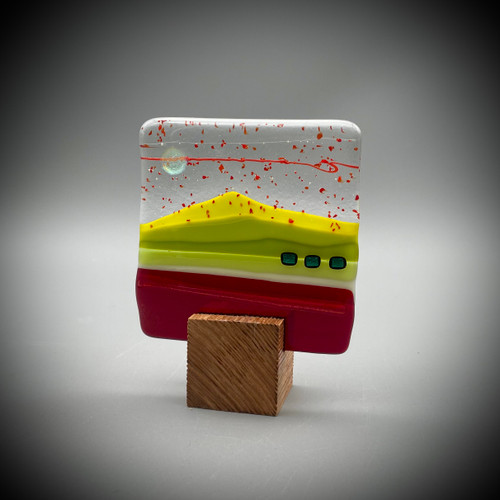 Blockscape Sculpture with Red and Lime Fused Glass Panel by Harmonies in Wood
