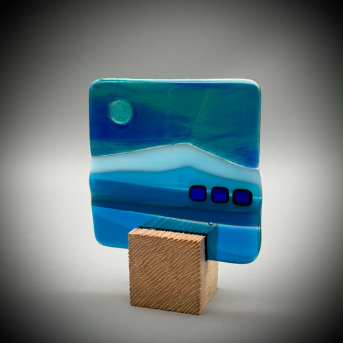 Blockscape Sculpture with Turquoise and Blue Fused Glass Panel by Harmonies in Wood