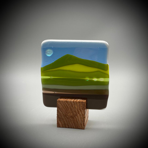 Blockscape Sculpture with Fused Glass 'Landscape' Panel by Harmonies in Wood