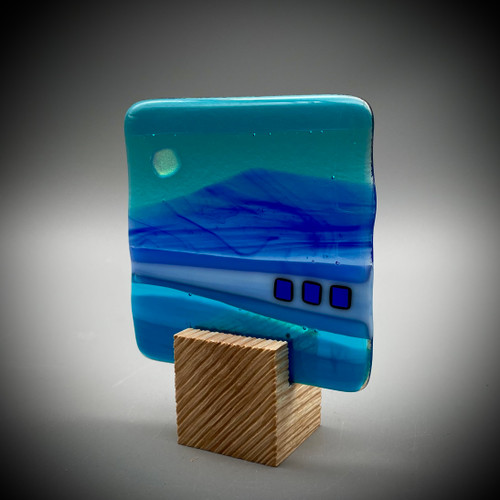 Blockscape Sculpture with Blue Fused Glass 'Landscape' Panel by Harmonies in Wood SOLD