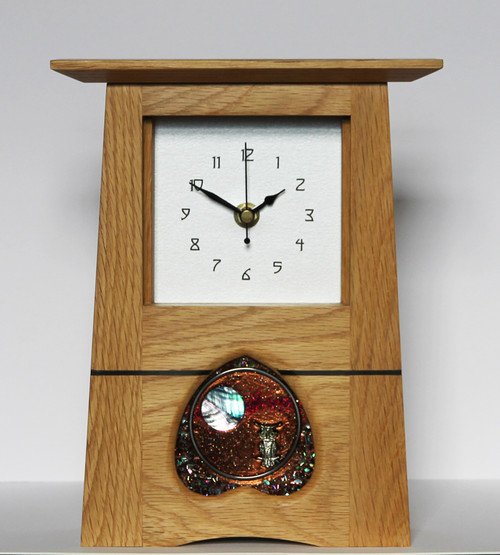 Oak Clock 347 by Archie McDonald with Glass Art Panel by Robert Ryan