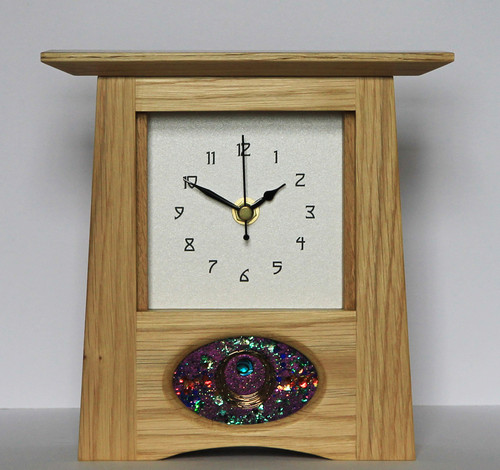 Oak Clock 345 by Archie McDonald with Glass Art Panel by Robert Ryan SOLD