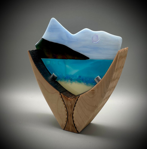 Sycamore Valley Sculpture with Smoked Carved Detail and a Blue Fused Glass Seascape Panel by Harmonies in Wood