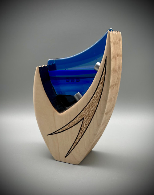 Sycamore Nipper Sculpture with Fused Glass Panel in Blue by Harmonies in Wood SOLD