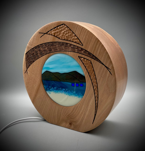 Elm Seascape 'Halo' Light Sculpture with Blue Fused Glass Panels by Harmonies in Wood SOLD