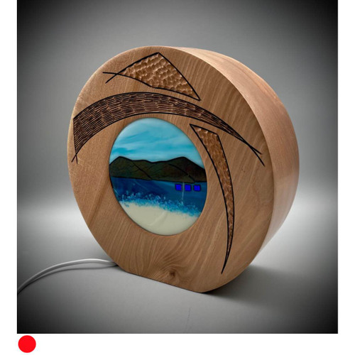 Elm Seascape 'Halo' Light Sculpture with Blue Fused Glass Panels by Harmonies in Wood SOLD