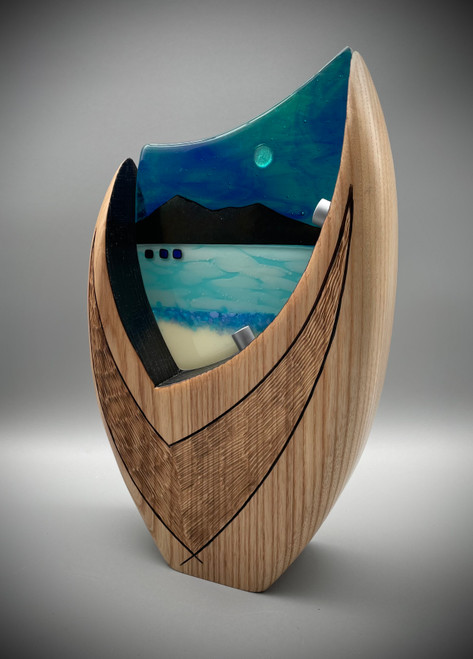 Ash Pincer Sculpture with Fused Glass Panel with Seascape in Blue by Harmonies in Wood SOLD
