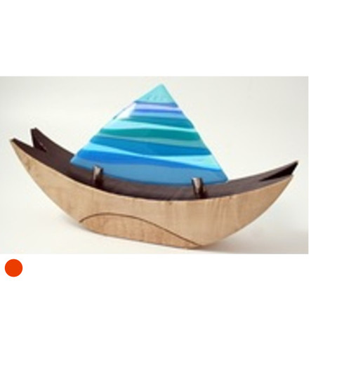 Sycamore Vessel Sculpture with Fused Glass Sail in Blue by Harmonies in Wood SOLD