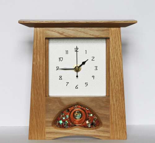 Oak Clock 376 - Archie McDonald with Glass Art Panel by Robert Ryan