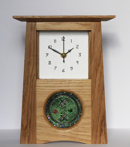 Oak Clock 364 - Archie McDonald with Glass Art Panel by Robert Ryan