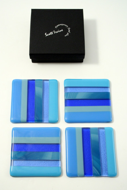 Set of 4 Fused Glass Coasters in Blue by Harmonies in Wood SOLD