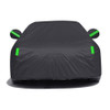 CRAFTEK CAR COVER CRAFTEK GUD-BY-1026S WATERPROOF BLACK SMALL FOR CAR LESS THAN 165" LONG, snugly fitted over a small black car with green reflective strips on the side mirrors and front, protecting it from elements.