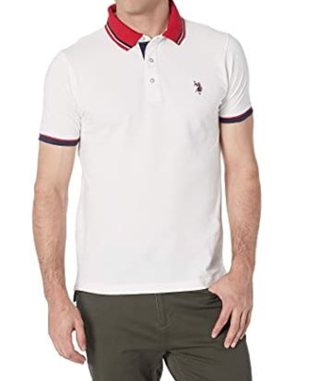 Men Shirt Polo US Polo White, Red collar slim fit - A. Ally & Sons