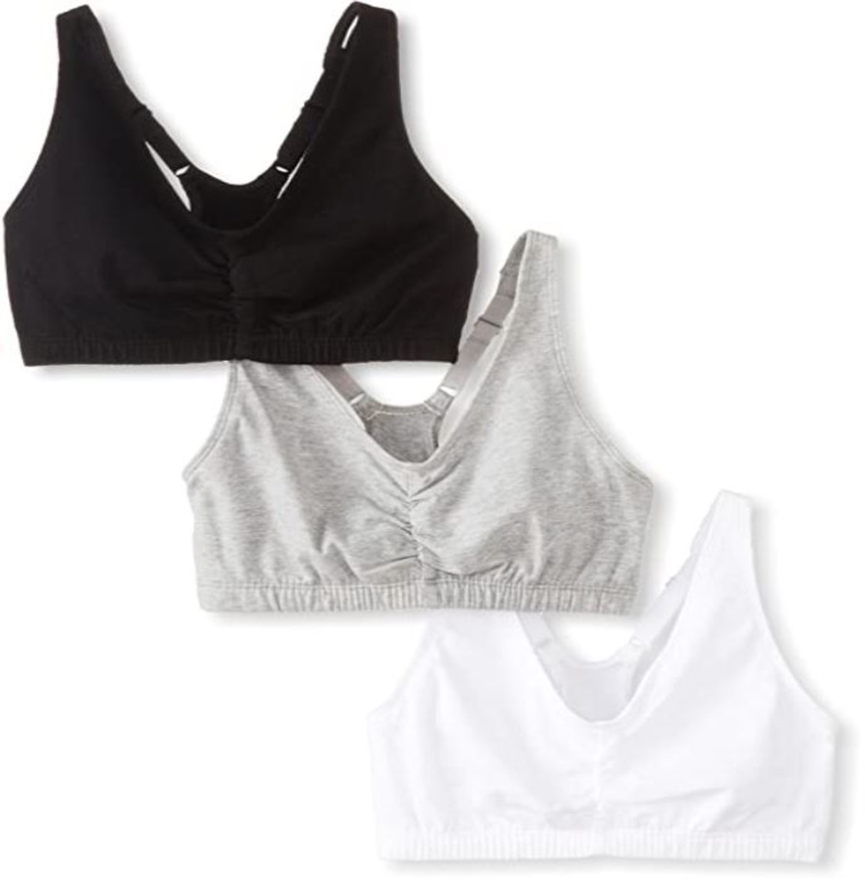 Fruit of the Loom Women's Front Close Racerback Sport Bra, 2-Pack White  with Grey/Black with Grey 40