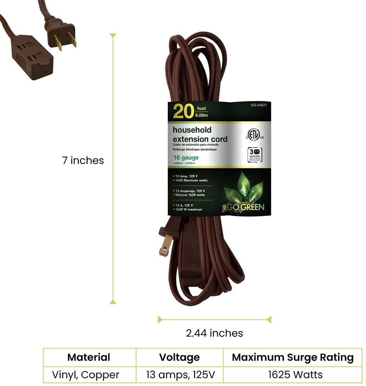 EXTENSION CORD INDOOR 20' GO GREEN GG-24820 BROWN A. Ally  Sons