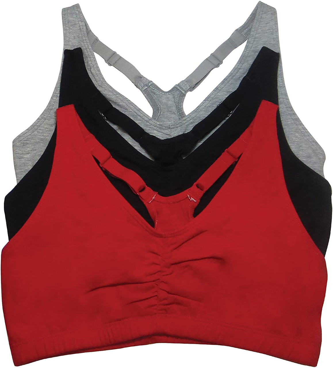 Women Sports Bra Fruit of the Loom Shirred Front 3pack Red Black