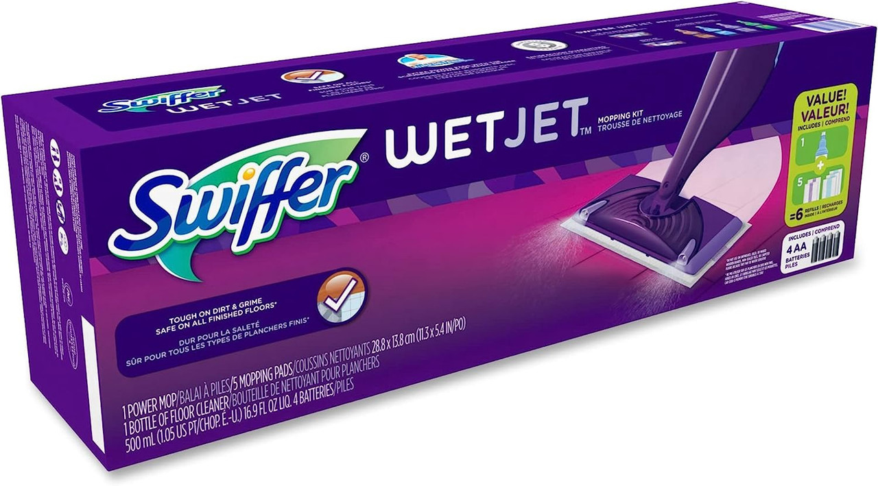Swiffer WetJet Wood Mop Starter Kit (1 Mop, 5 Pads, 1 Floor Cleaning  Solution) 