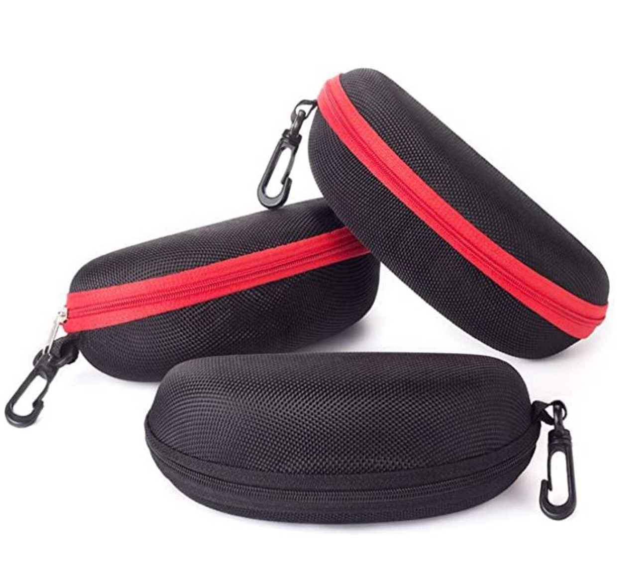 Sport Sunglasses Case - Large Eyeglass Case Holder - Semi Hard Glasses Case  with Zipper & carabiner hook with Pouch (B15HC RED)